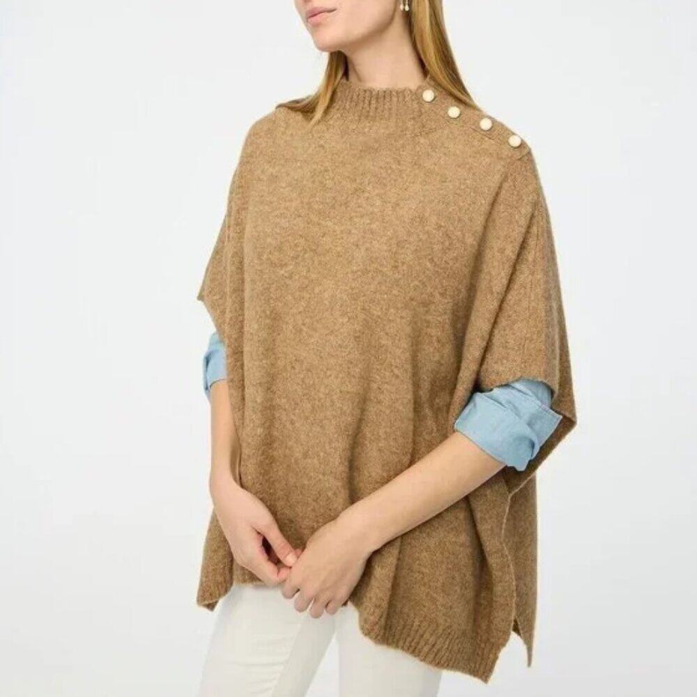J.Crew Factory Button-Neck Wool Blend Knit Mockneck Poncho Sweater
